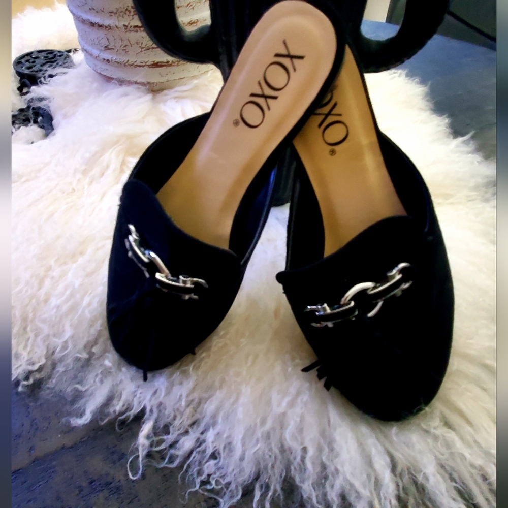 Black, faux suede, slide loafers ladies Sz.6.5